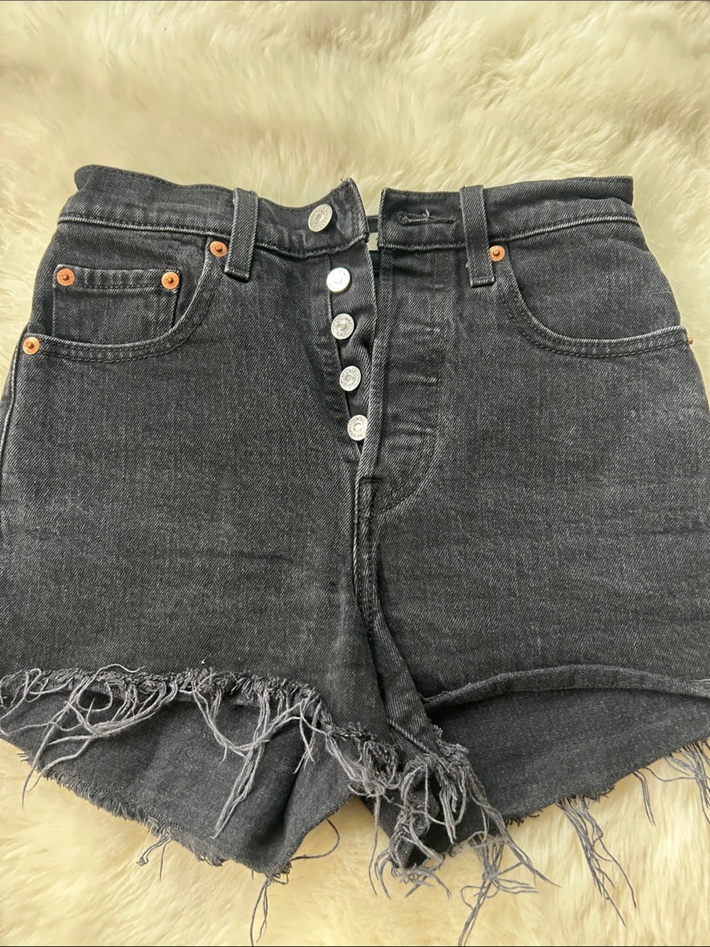 Levi's Black High-Rise “Ribcage”Distressed Button-Fly Denim Shorts Size 24